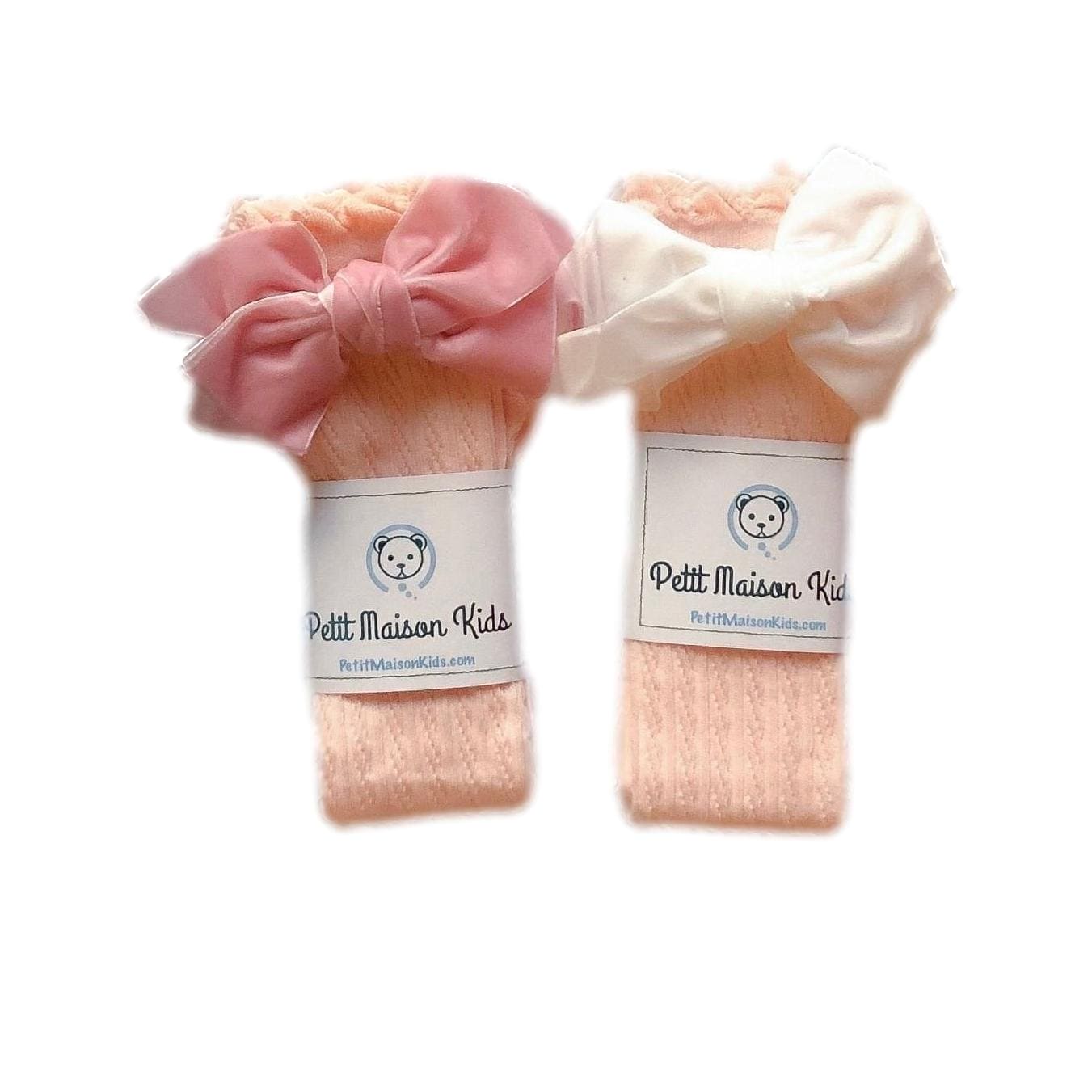 Peach Knee High Socks with Velvet Bows