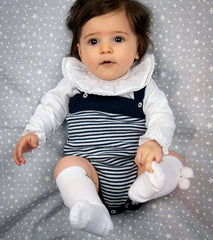 Navy Blue Striped Cotton Knit Overalls