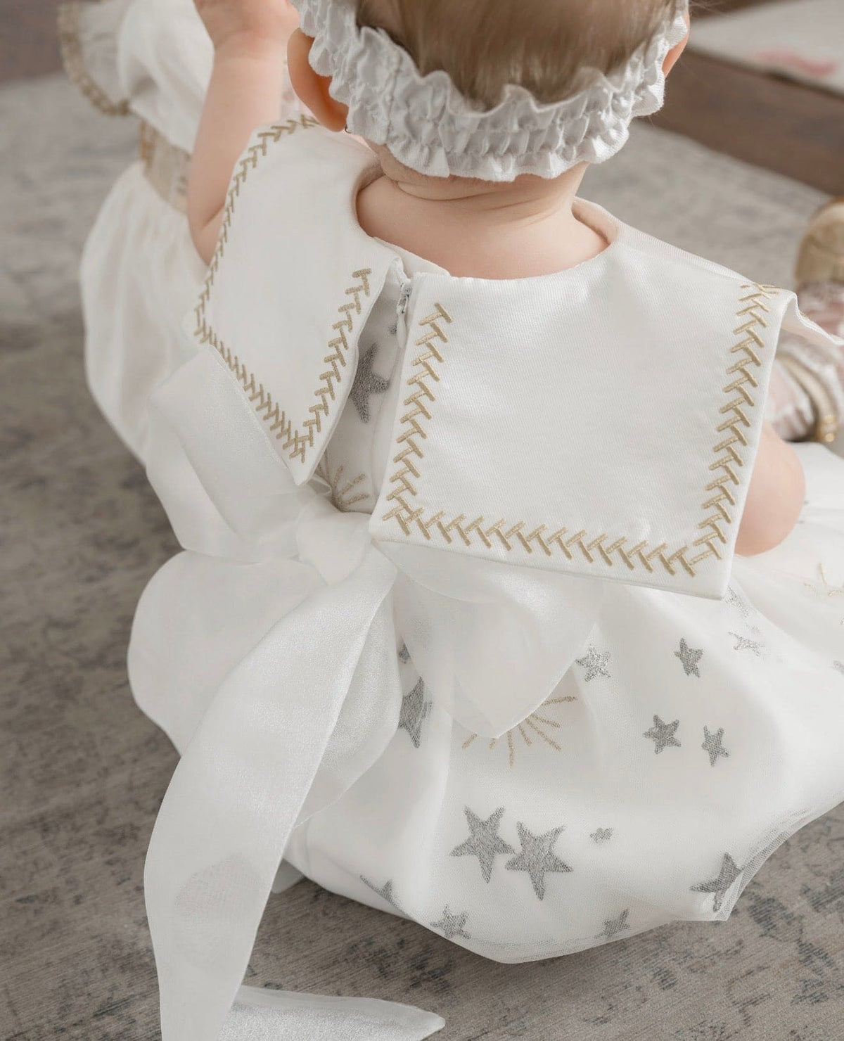 Star White Tulle Romper with Silver & Gold Embroidery