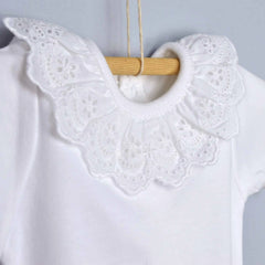 White Cotton Baby Bodysuit Onesie with English Embroidered Collar