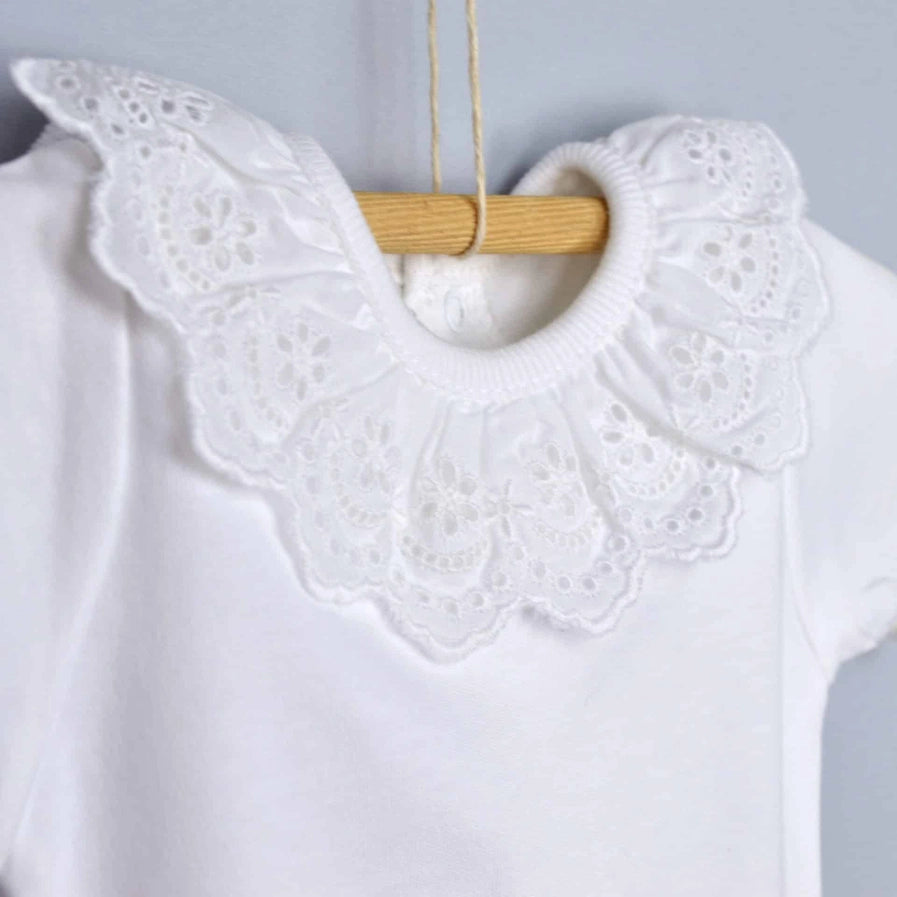 White Cotton Baby Bodysuit Onesie with English Embroidered Collar