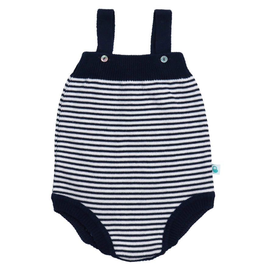 Navy Blue Striped Cotton Knit Overalls