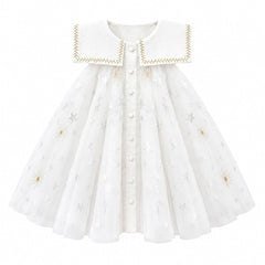 Star White Tulle Dress with Silver & Gold Embroidery