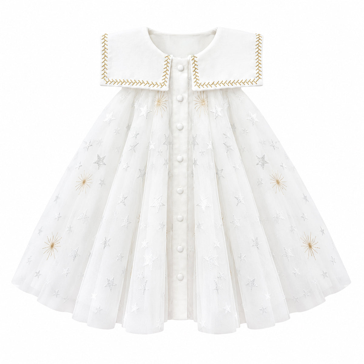 Star White Tulle Dress with Silver & Gold Embroidery