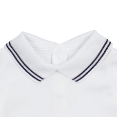 White Cotton Baby Bodysuit Onesie with Navy Blue Stripes Collar