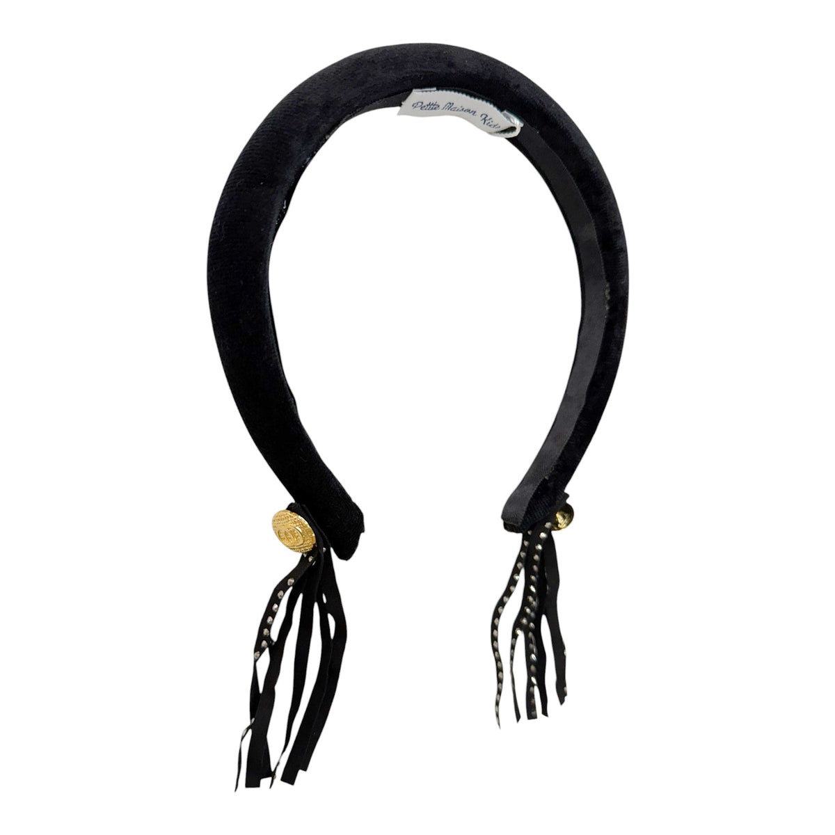 Cowboy Black Velour Bow Headband with Fringe & Gold Buttons