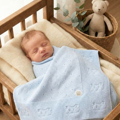 Baby Blue Knit Blanket Cotton with Teddy Bear Pattern - Petite Maison Kids