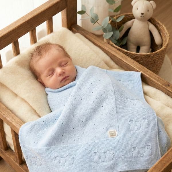 Baby Blue Knit Blanket Cotton with Teddy Bear Pattern