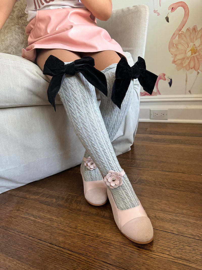 Grey Knee High Socks with Velvet Bows - Black
