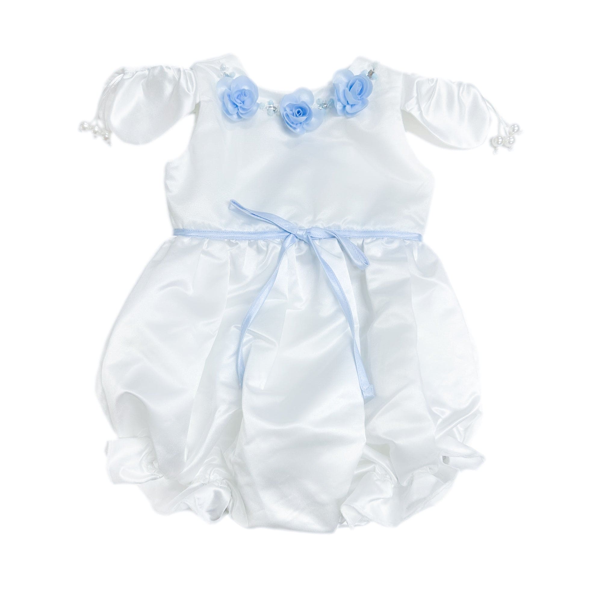 Daphne White Satin Romper with Blue Embroidery