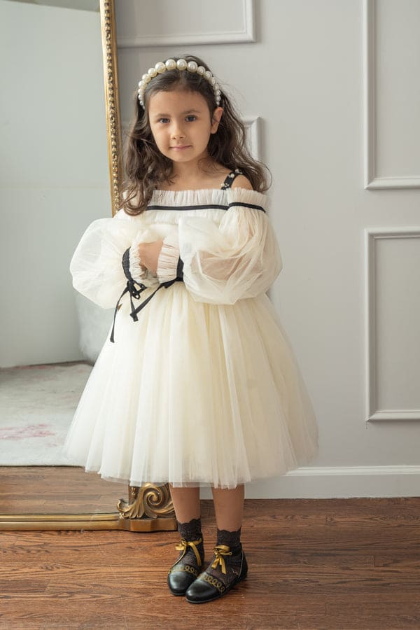 V-Neck Sleeveless Tulle Girl's Dress Ivory