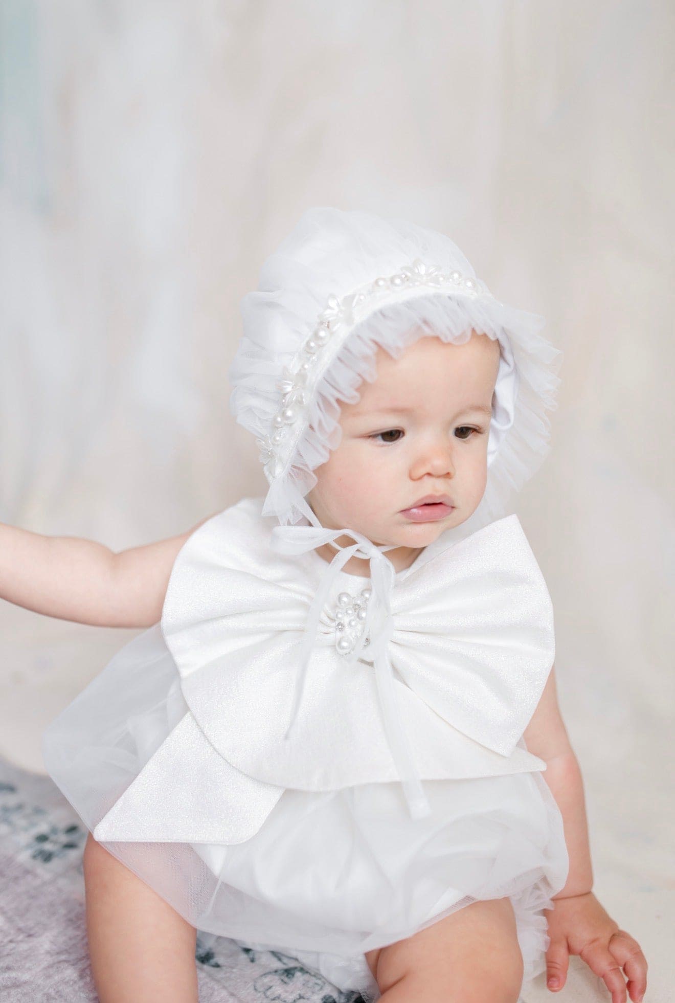 Jackie White Tulle Bonnet