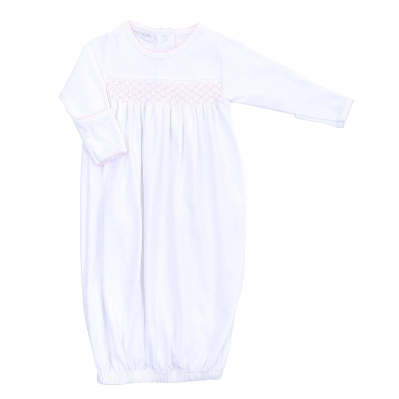 Solid Essentials White Pink Smocked Gown — Pima Cotton Newborn Gown