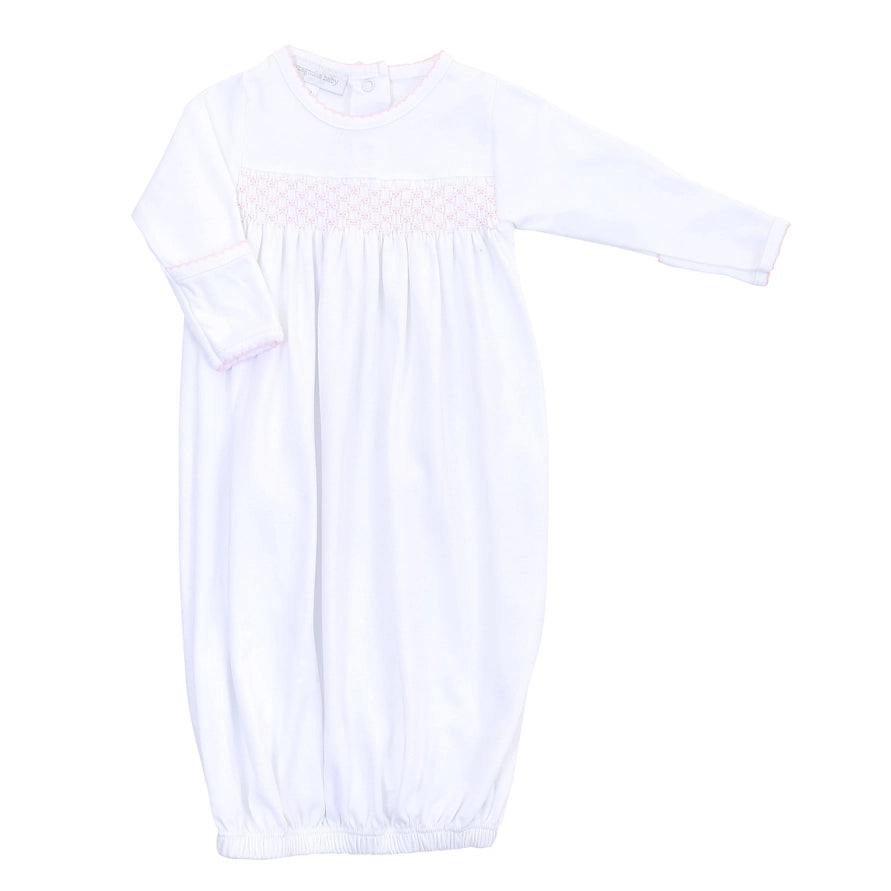 Solid Essentials White Pink Smocked Gown — Pima Cotton Newborn Gown