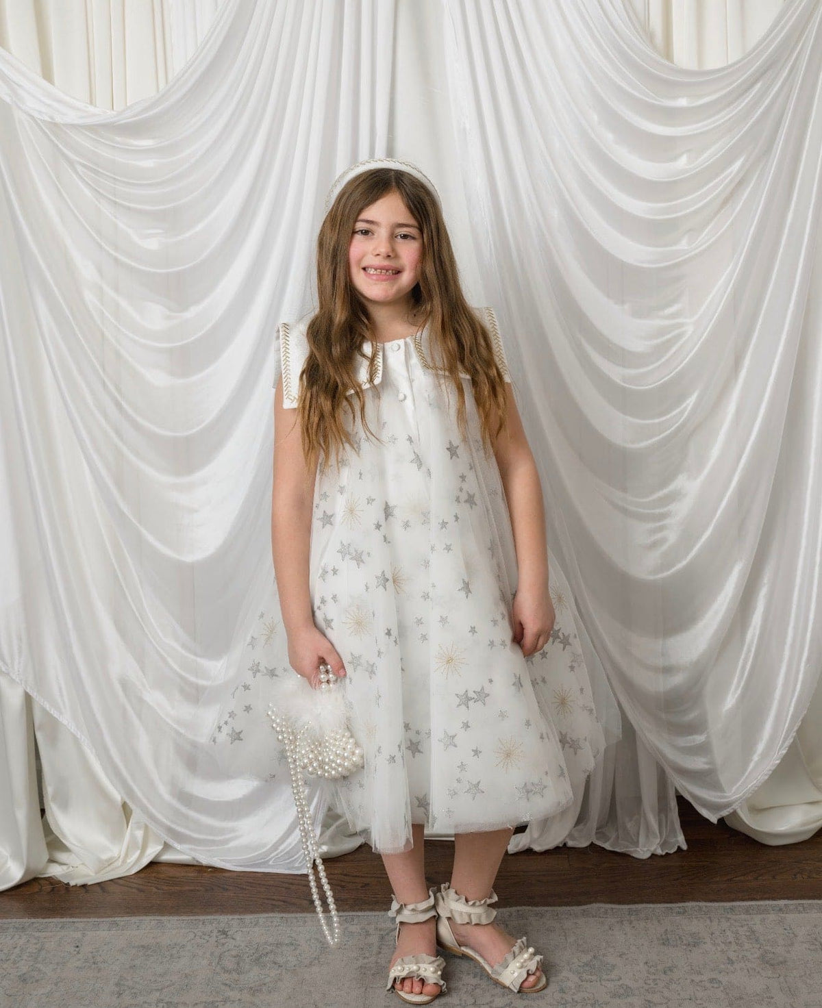 Star White Tulle Dress with Silver & Gold Embroidery