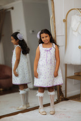 White Bouclé Tweed Dress with Lavender Flowers