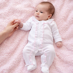 White Ruffle Pima Cotton Babygrow with Pink Trim