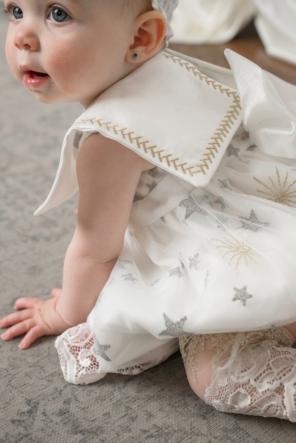Star White Tulle Romper with Silver & Gold Embroidery