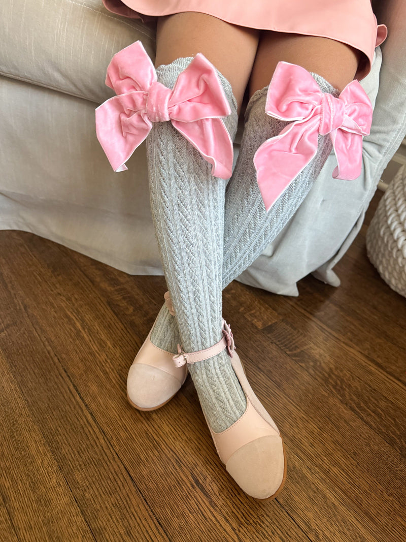 Grey Knee High Socks with Velvet Bows - Pink
