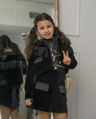 Girls' Black Cowboy Fringe Jacket with Gold Star Embroidery