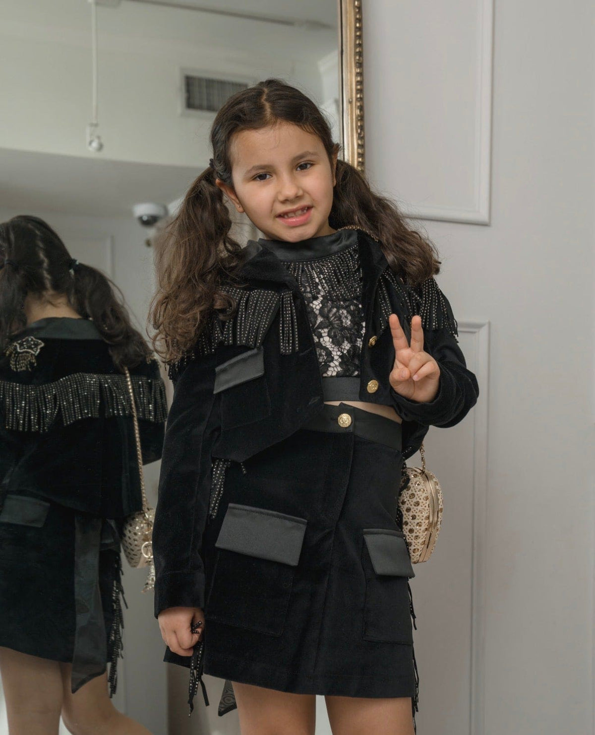 Girls' Black Cowboy Fringe Jacket with Gold Star Embroidery