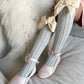 Grey Knee High Socks with Velvet Bows