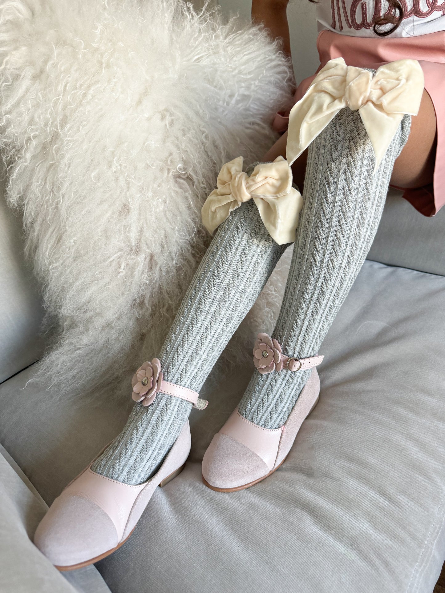 Grey Knee High Socks with Velvet Bows