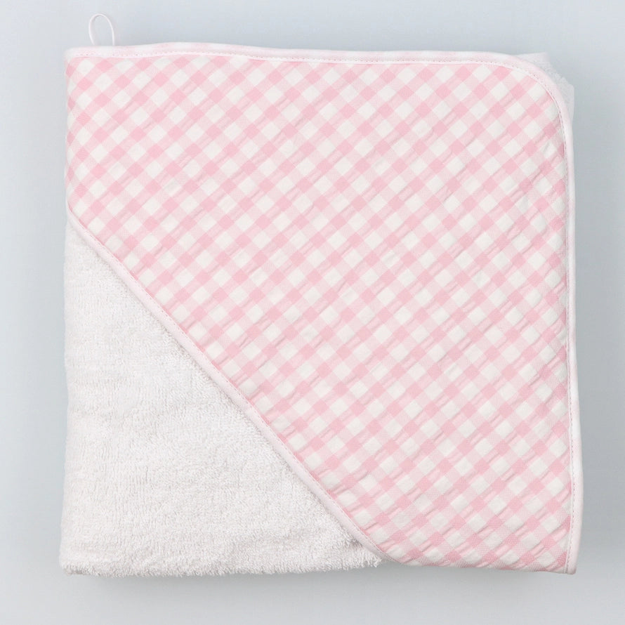 Hooded Checkered Pink and White Turkish Cotton Baby Towel