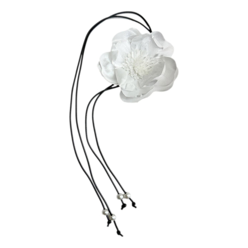 Alex White Flower Tie With Black String and Pearl Tassels