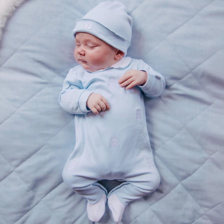 Lionel Boys Blue Babygrow with Teddy Embroidery & Hat