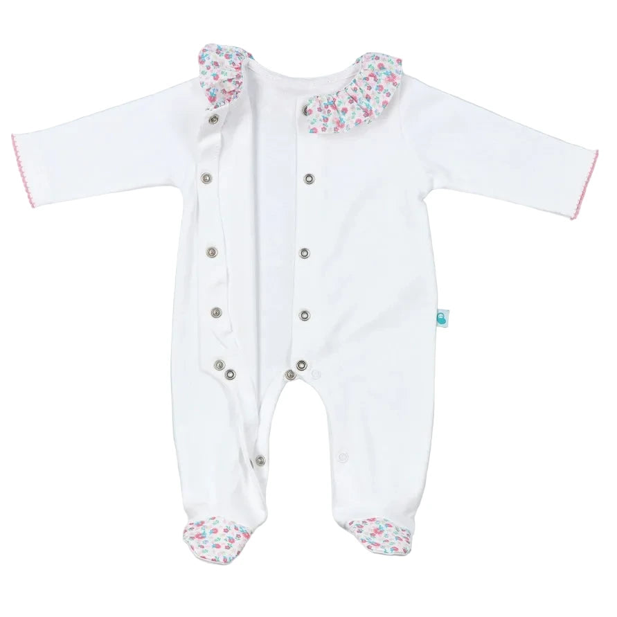 Baby White Cotton Babygrow with Floral Fabric Ruffle Collar