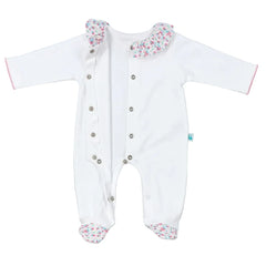 Baby White Cotton Babygrow with Floral Fabric Ruffle Collar