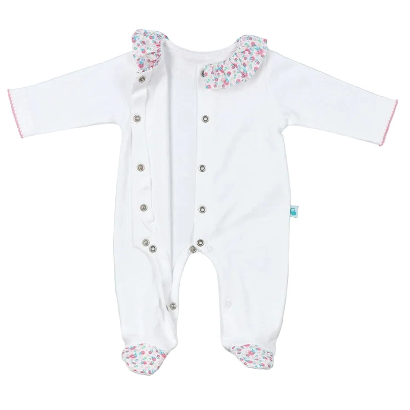 Baby White Cotton Babygrow with Floral Fabric Ruffle Collar