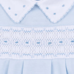 Landry Smocked Footie — Light Blue Pima Cotton Baby Footie