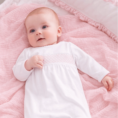White Smocked Footie – Baby Girl Pima Cotton Coming Home Outfit