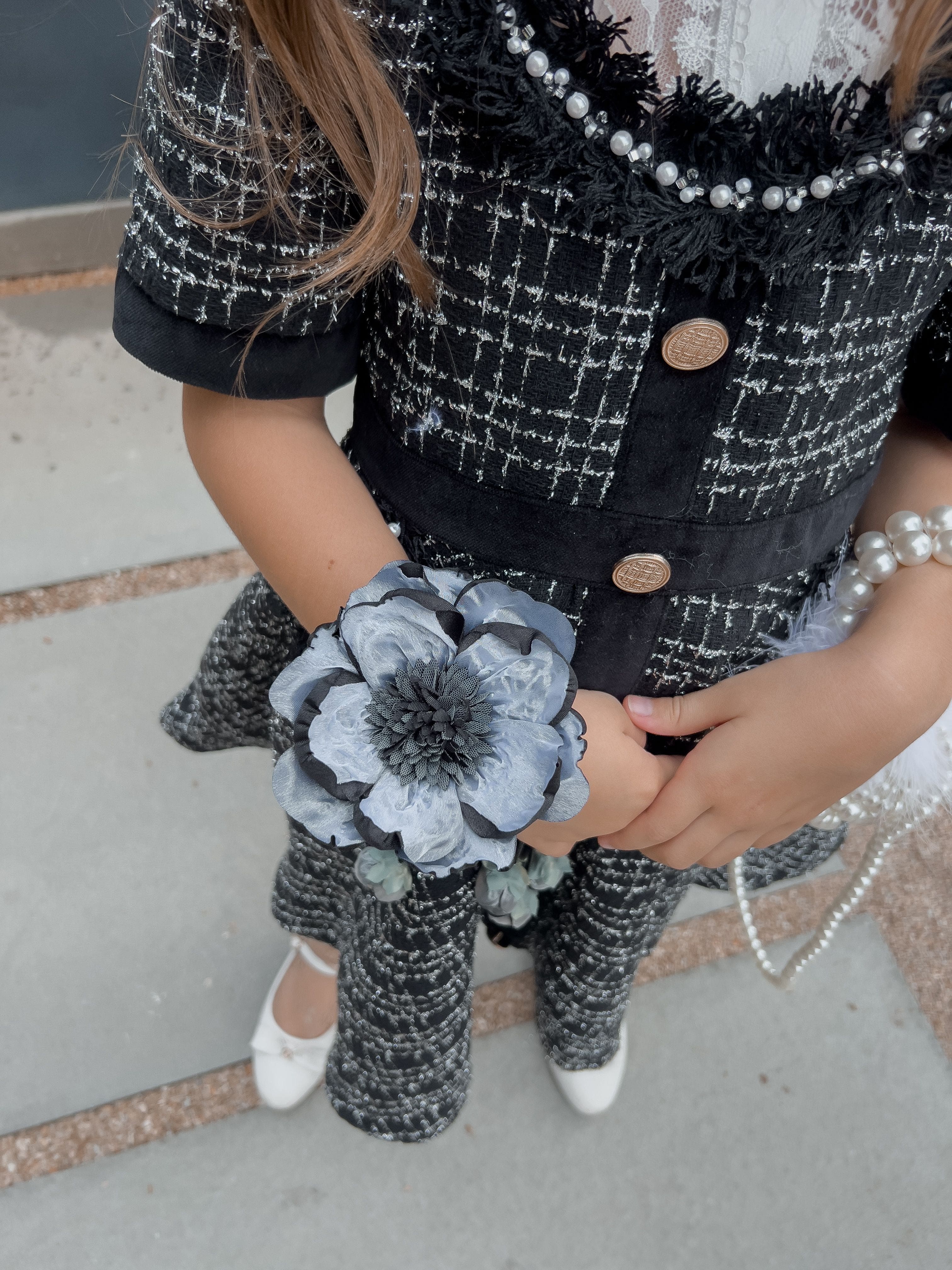 Alex Black Flower Tie With Flower Tassels