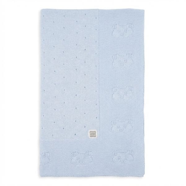 Baby Blue Knit Blanket Cotton with Teddy Bear Pattern