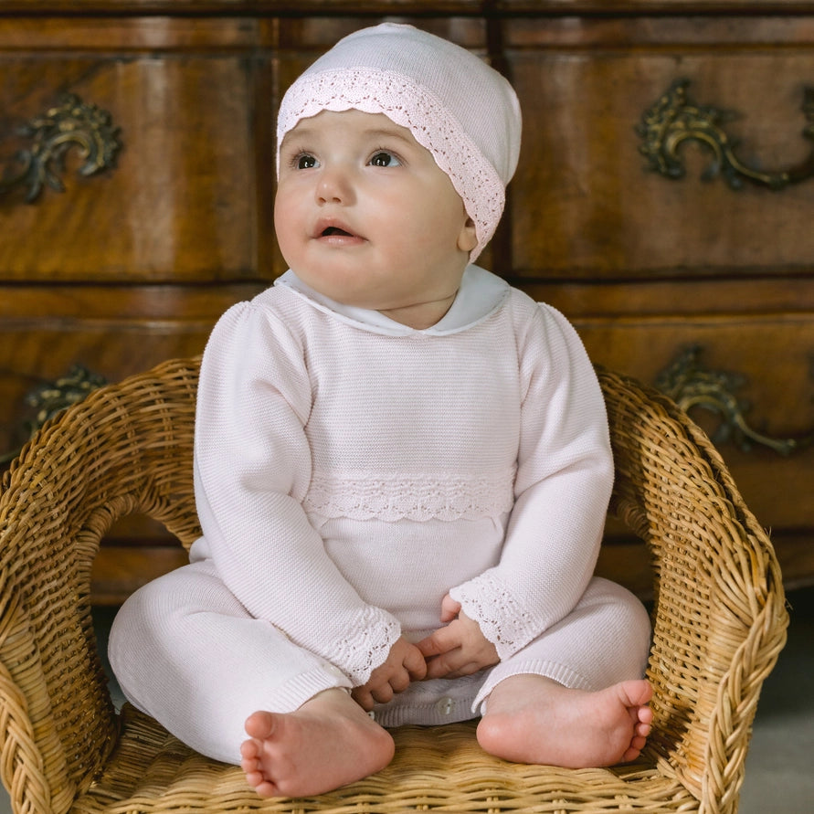 Kat Girls Pink Cotton Knitted All in One & Hat Set