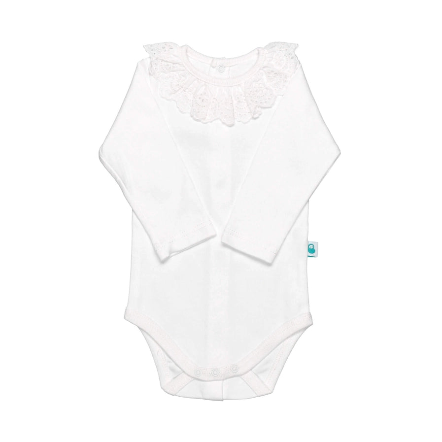 White Cotton Baby Bodysuit Onesie with English Embroidered Collar