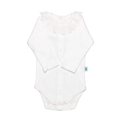 White Cotton Baby Bodysuit Onesie with English Embroidered Collar