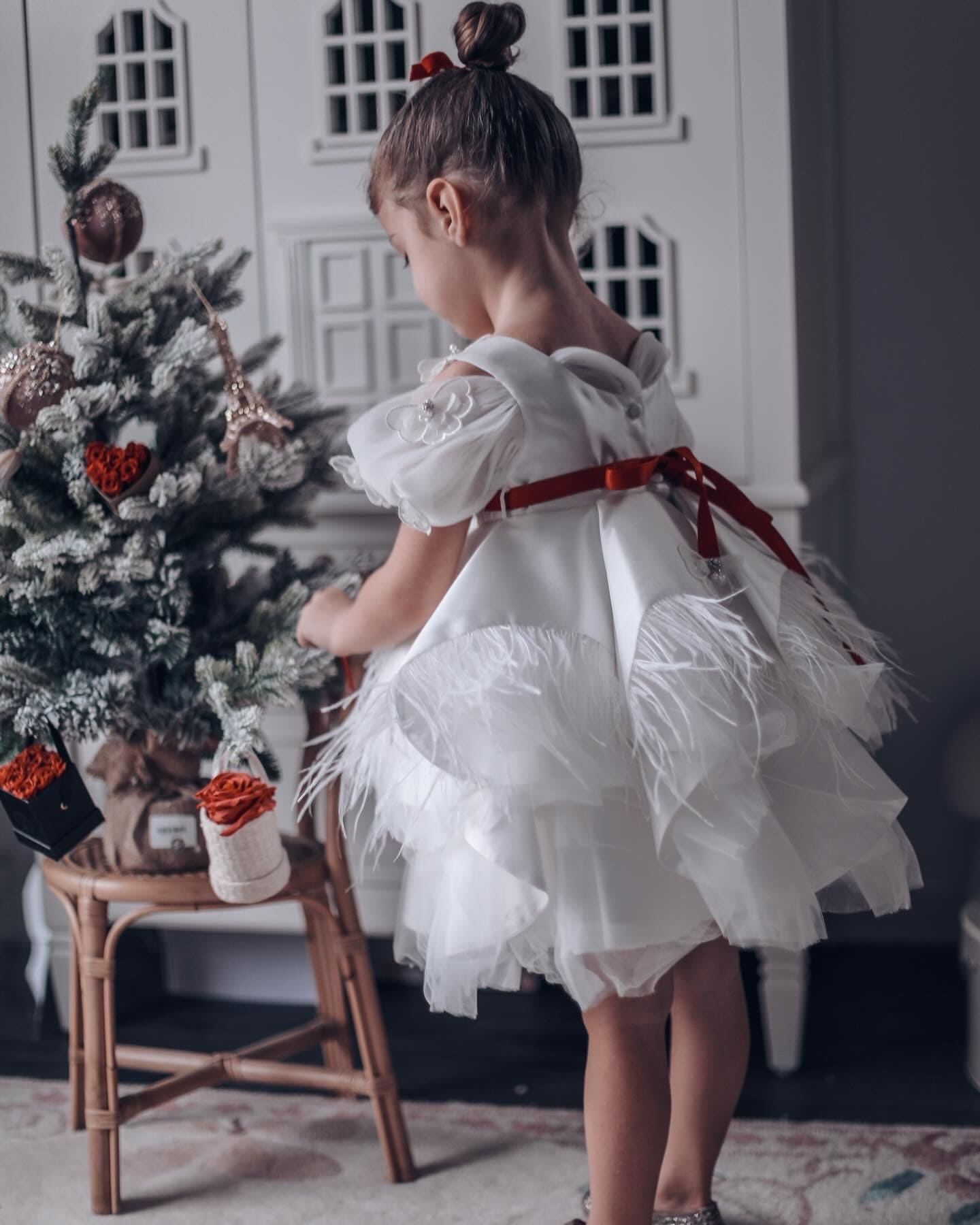 Constanza White Ceremony  Dress with Red Bow