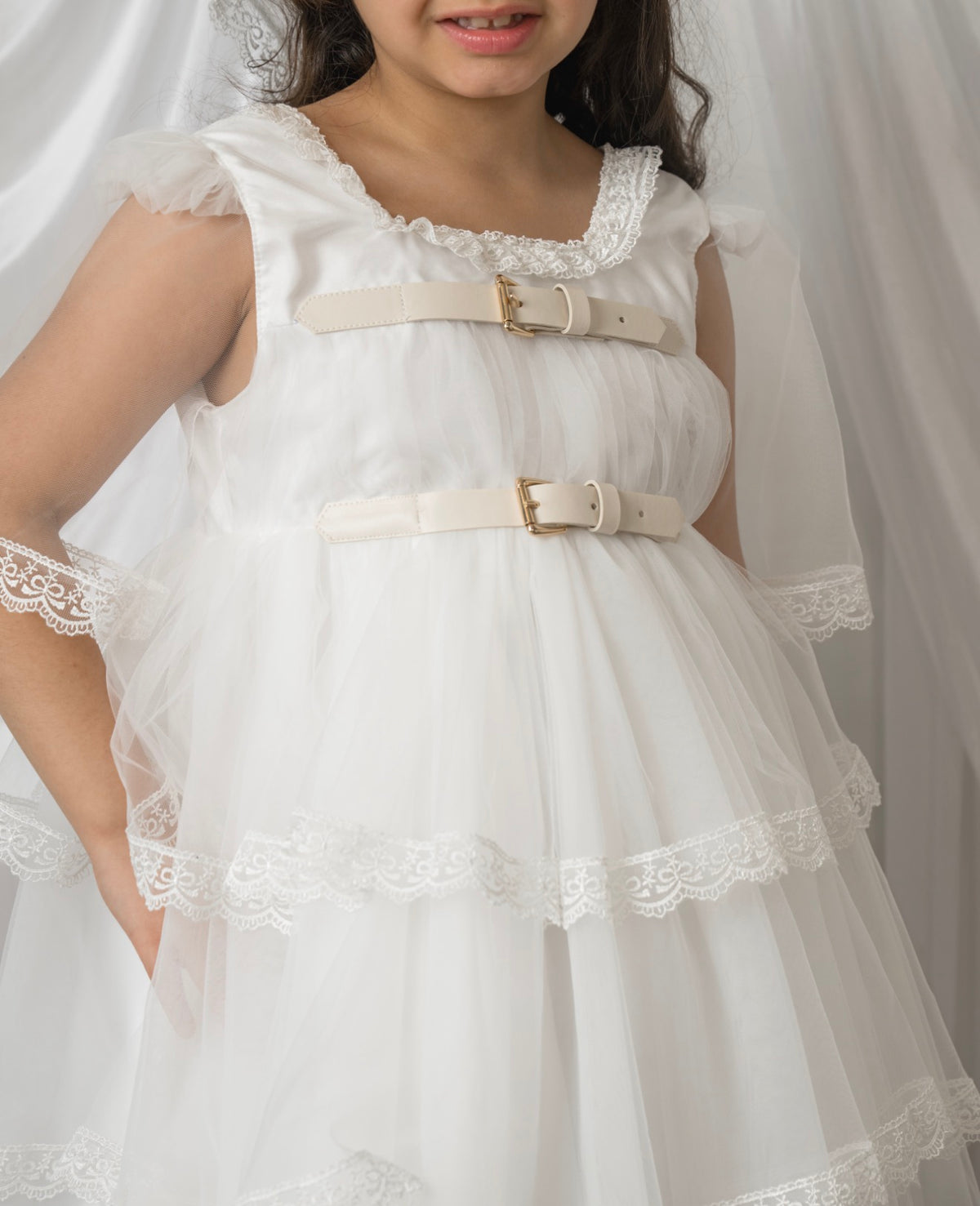 Savannah White Tulle Buckle Dress