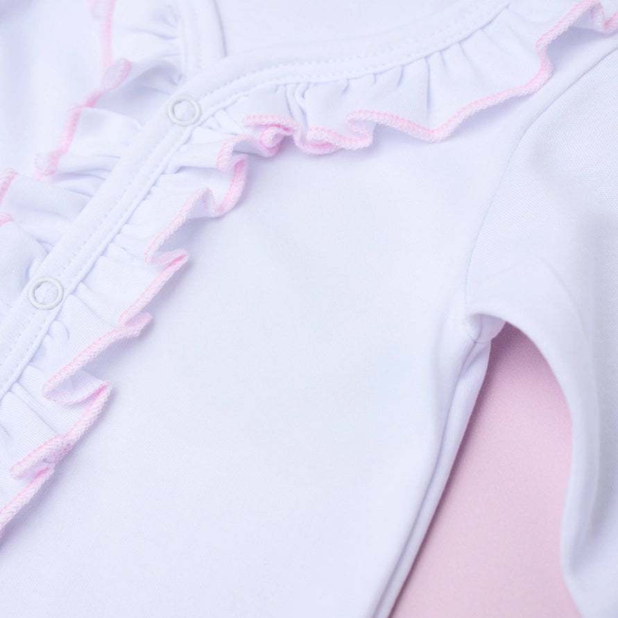 White Ruffle Pima Cotton Babygrow with Pink Trim