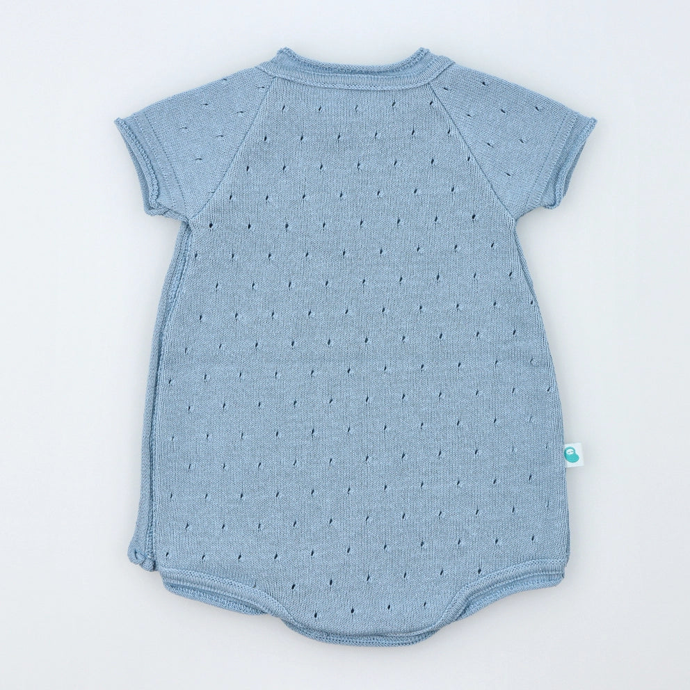 Baby Blue Short Sleeve Perforated Cotton Knit Romper