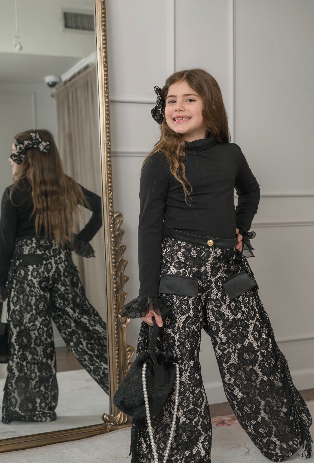 Black Cotton Turtleneck with Organza Sleeves - Petite Maison Kids