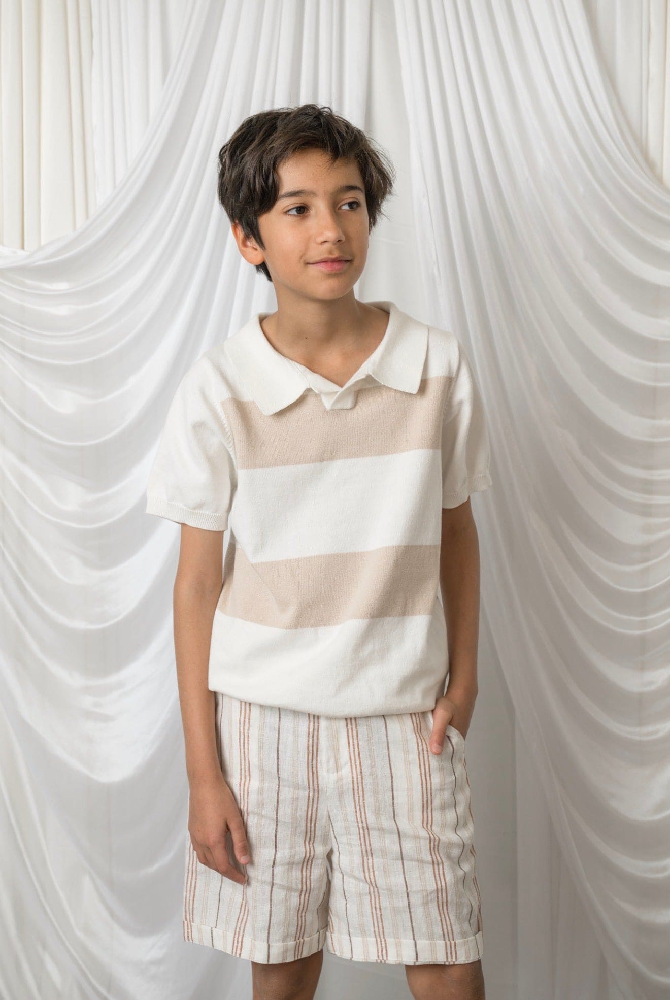 Bennet White And Beige Cotton Knit Shirt - Petite Maison Kids