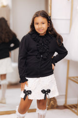 Black Cotton Knit Ruffle Cardigan