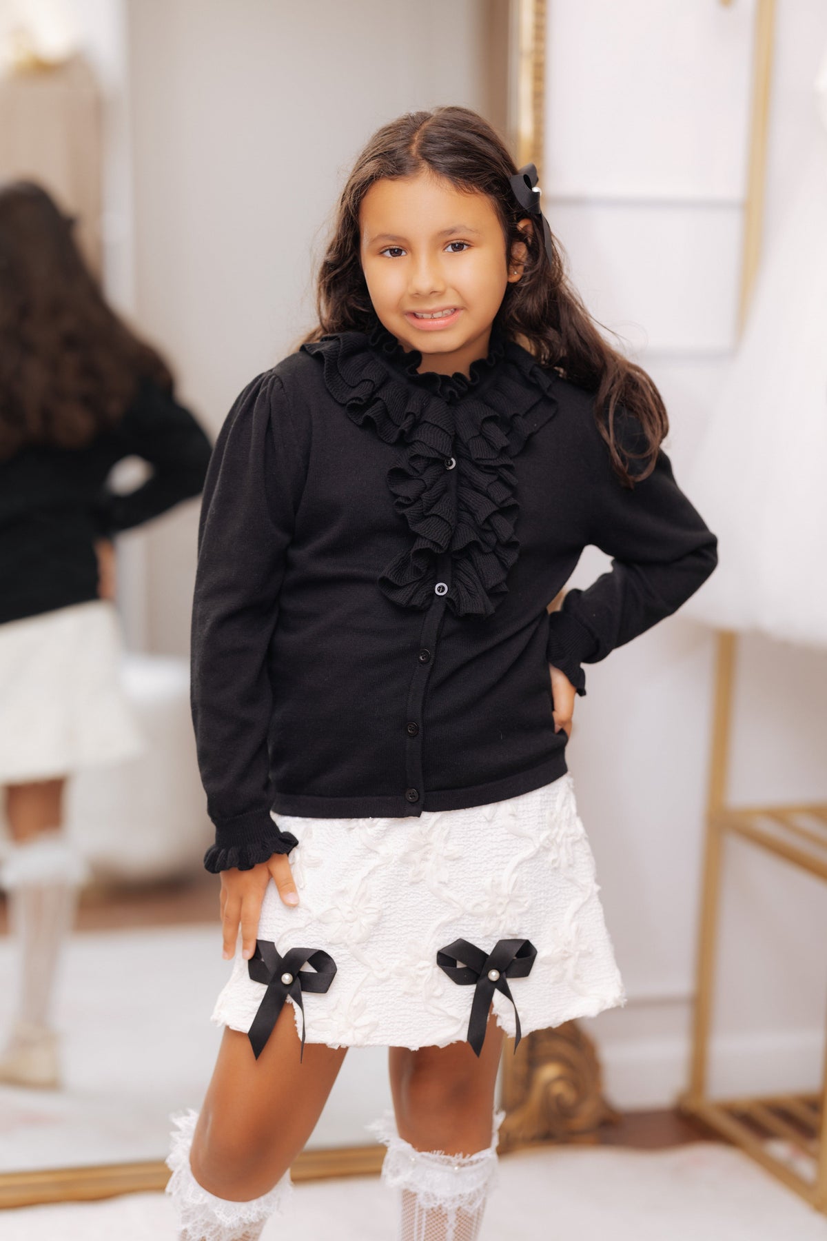 Black Cotton Knit Ruffle Cardigan