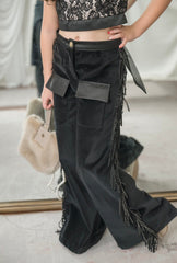 Cowboy Black Wide-Leg Cargo Pants with Fringe