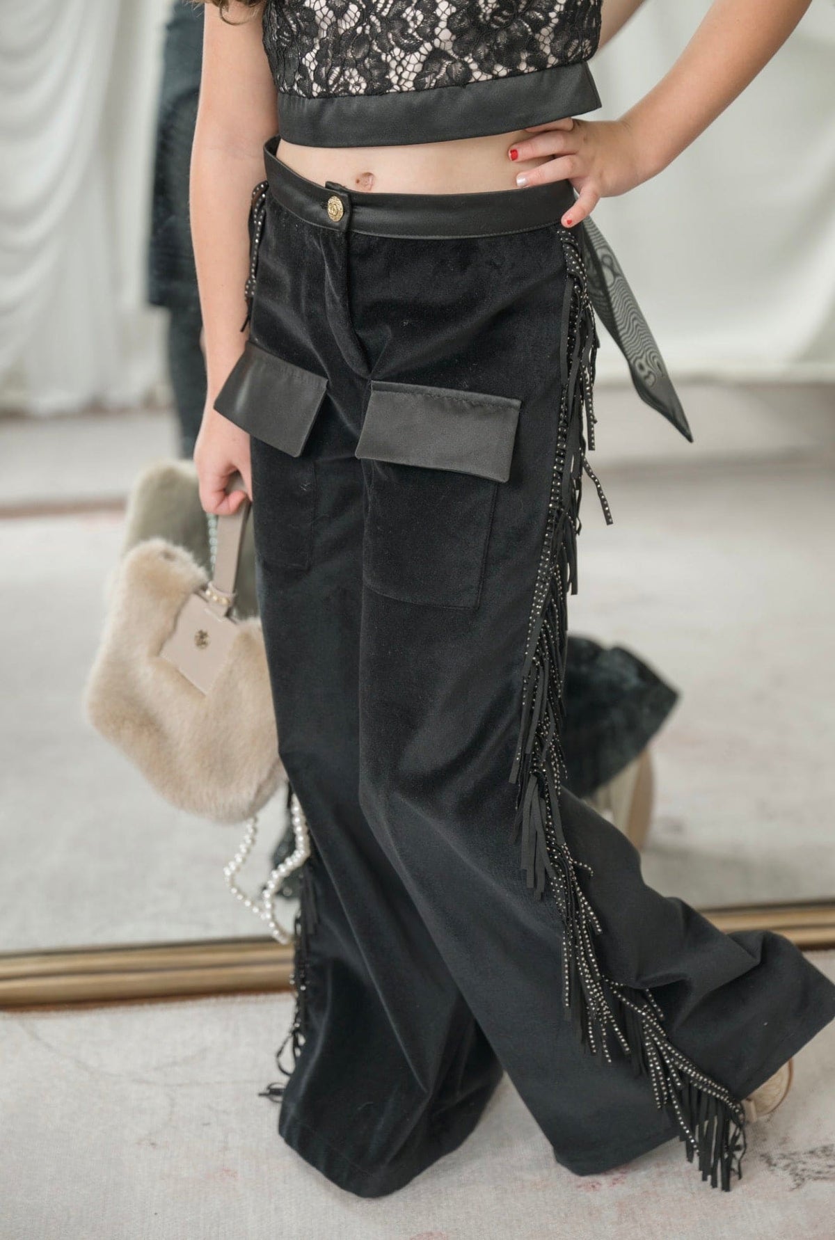 Cowboy Black Wide-Leg Cargo Pants with Fringe